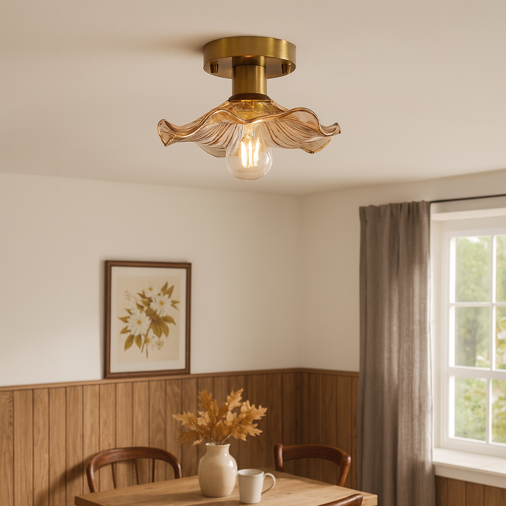 Hibiscus plafondlamp met groene glazen kap en messing armatuur, ideaal voor slaapkamer en woonkamer. 4